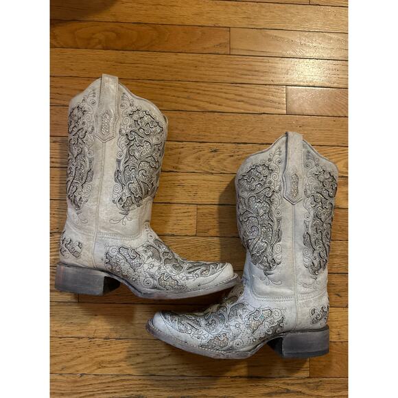 Corral A3397 Women’s 8.5M Ivory Glitter Inlay Western Cowboy Boots Embroidered - Picture 1 of 10